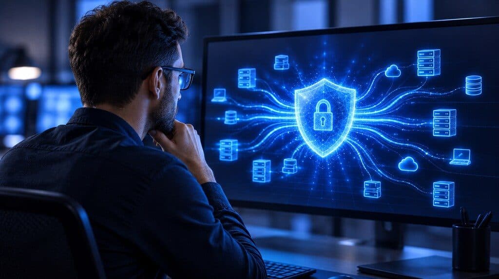 Escudo digital protegiendo datos en una red de inteligencia artificial