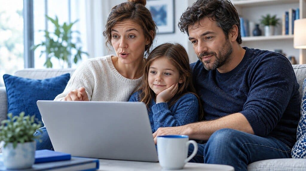 Familia revisando planes de salud en una laptop en su casa