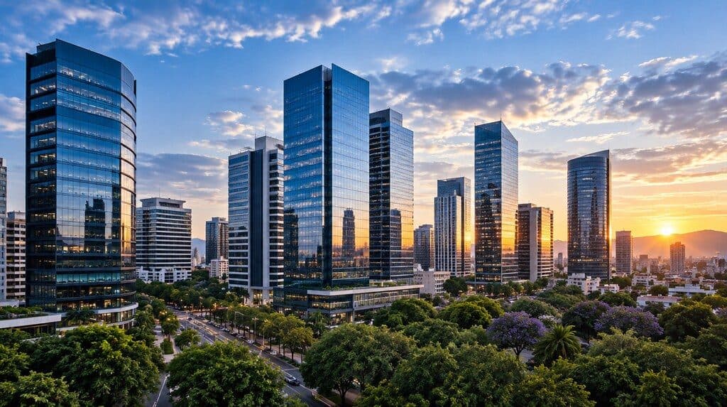 Vista de Asunción con edificios corporativos al atardecer