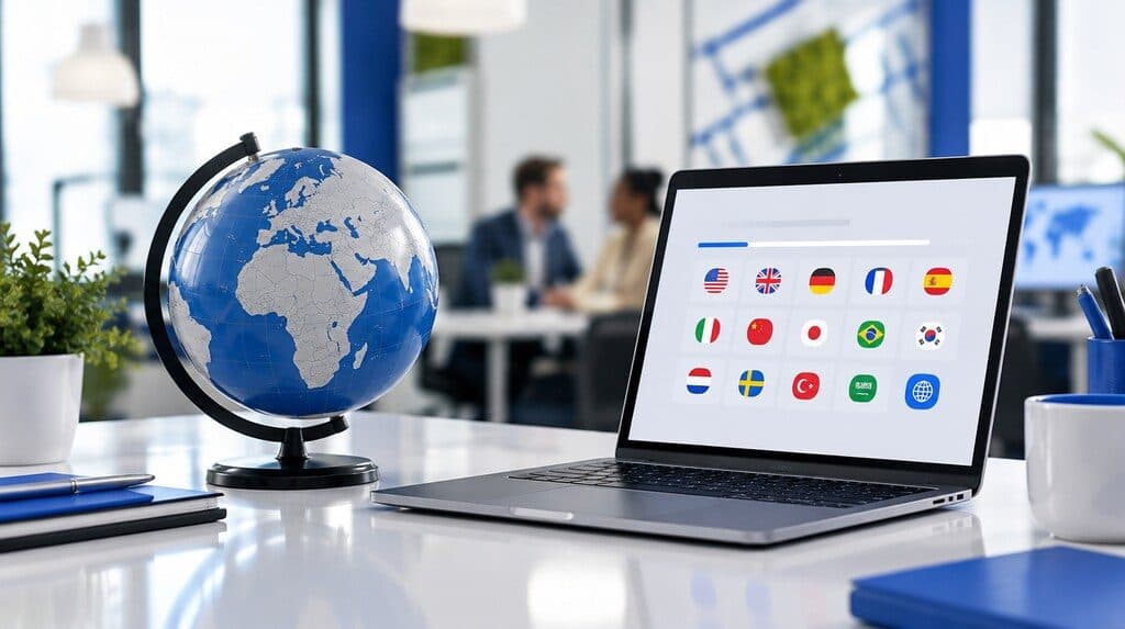 Globo terráqueo junto a una laptop con un sitio web en varios idiomas