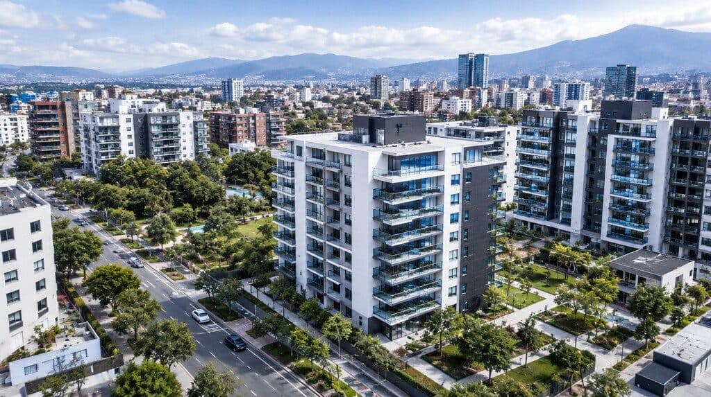 Vista aérea de un barrio residencial con edificios nuevos