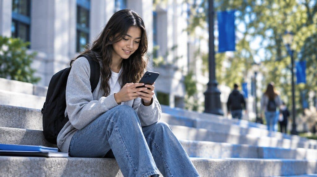 Estudiante buscando carreras universitarias en su celular