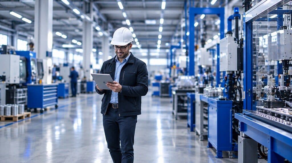 Ingeniero revisando especificaciones técnicas en una planta industrial con una tablet