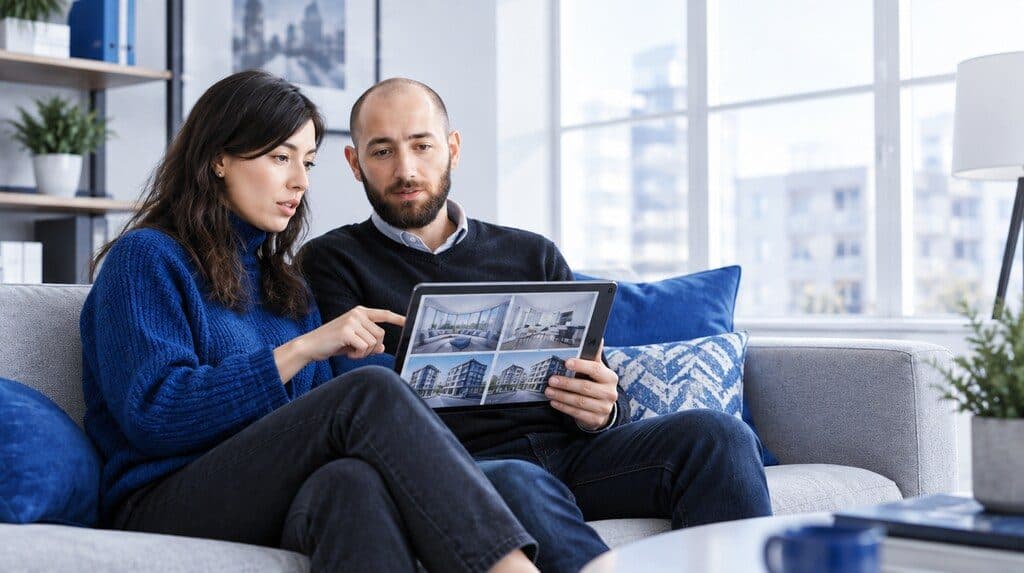 Pareja mirando departamentos en un sitio inmobiliario desde una tablet