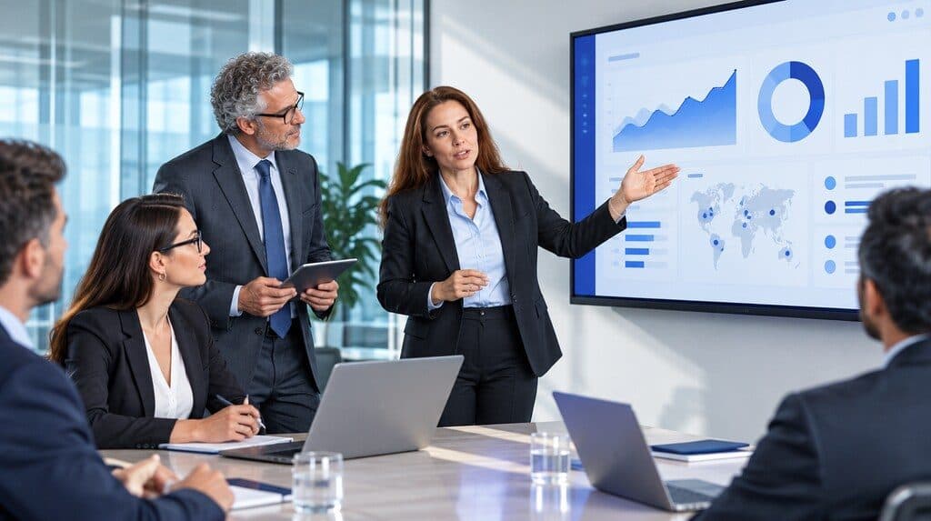Equipo de una empresa de software presentando su producto a un cliente