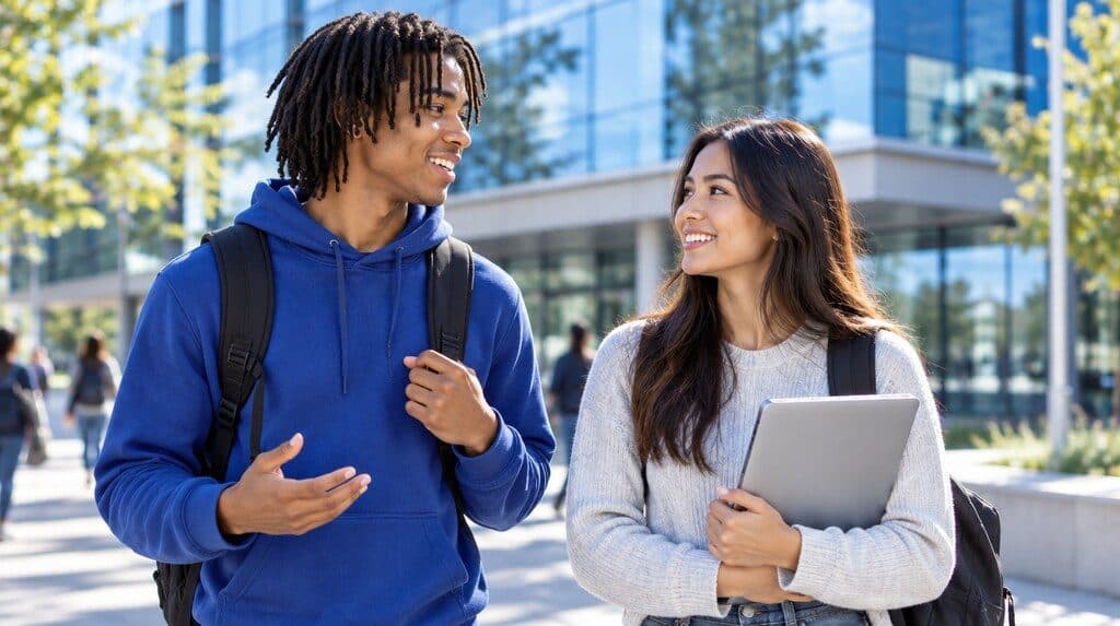 Estudiantes universitarios caminando en un campus moderno