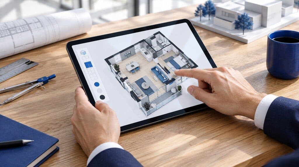 Plano interactivo de un departamento en una tablet sobre una mesa