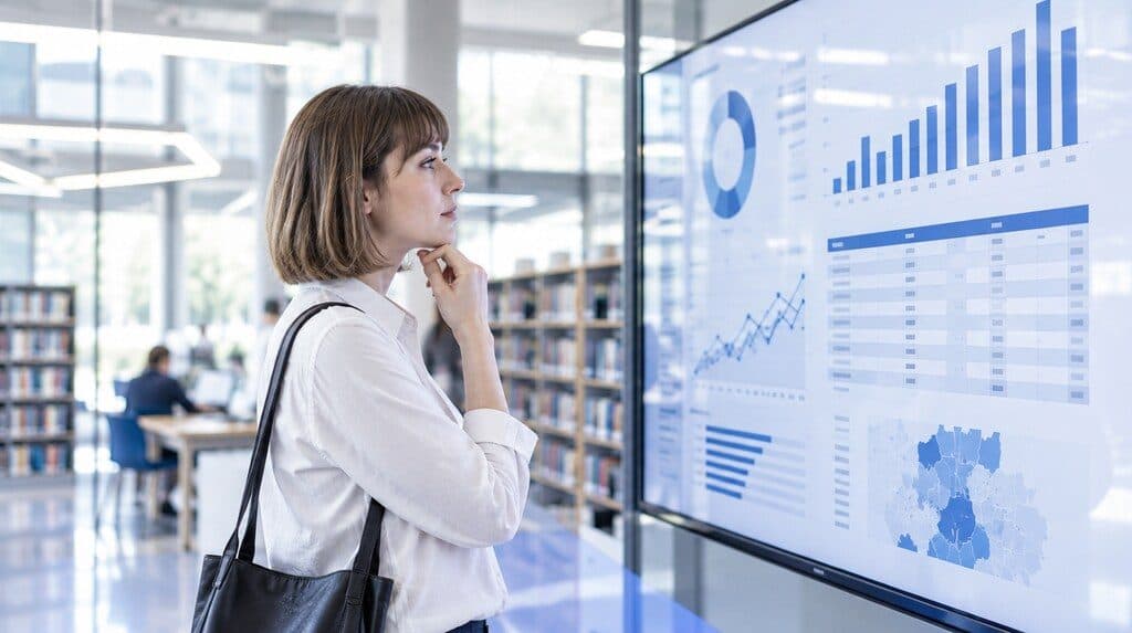 Gráficos de datos públicos en una pantalla con un ciudadano consultándolos