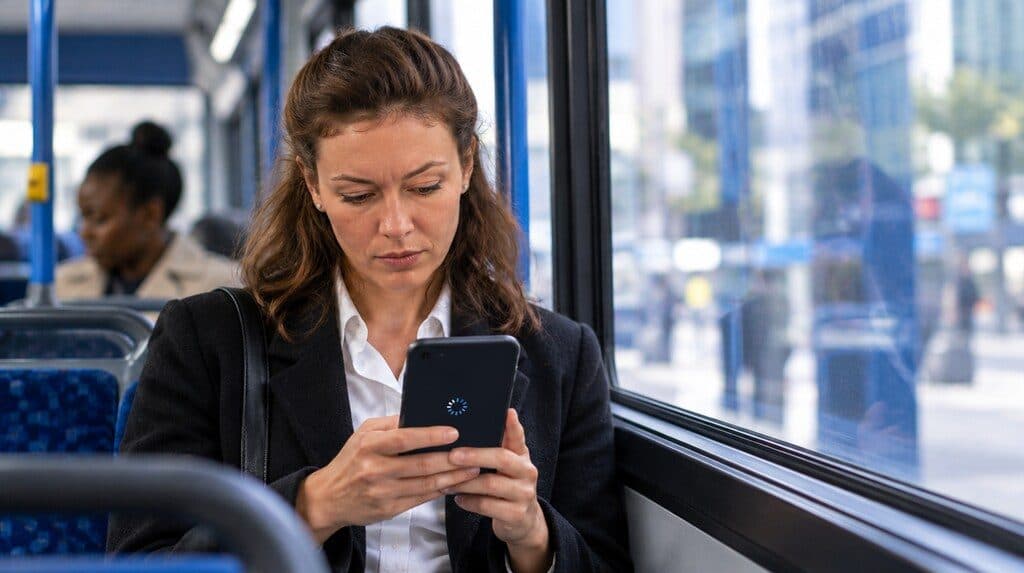 Persona esperando que cargue un sitio en el celular mientras viaja en colectivo