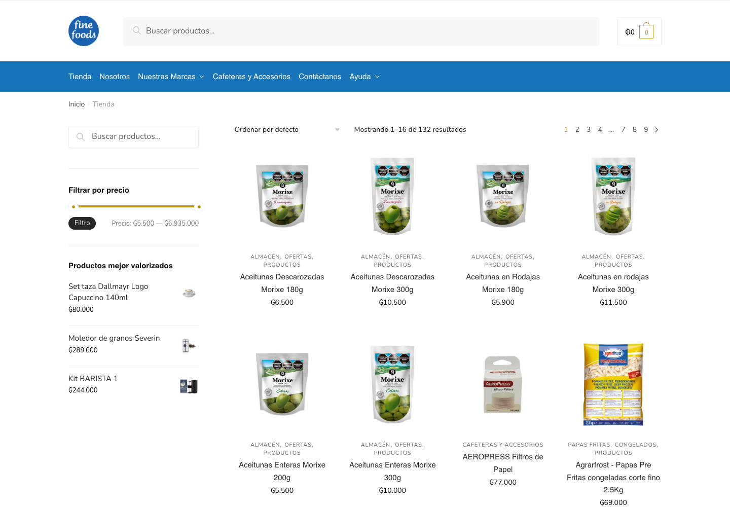 Catálogo público de Fine Foods con productos, precios y navegación de tienda