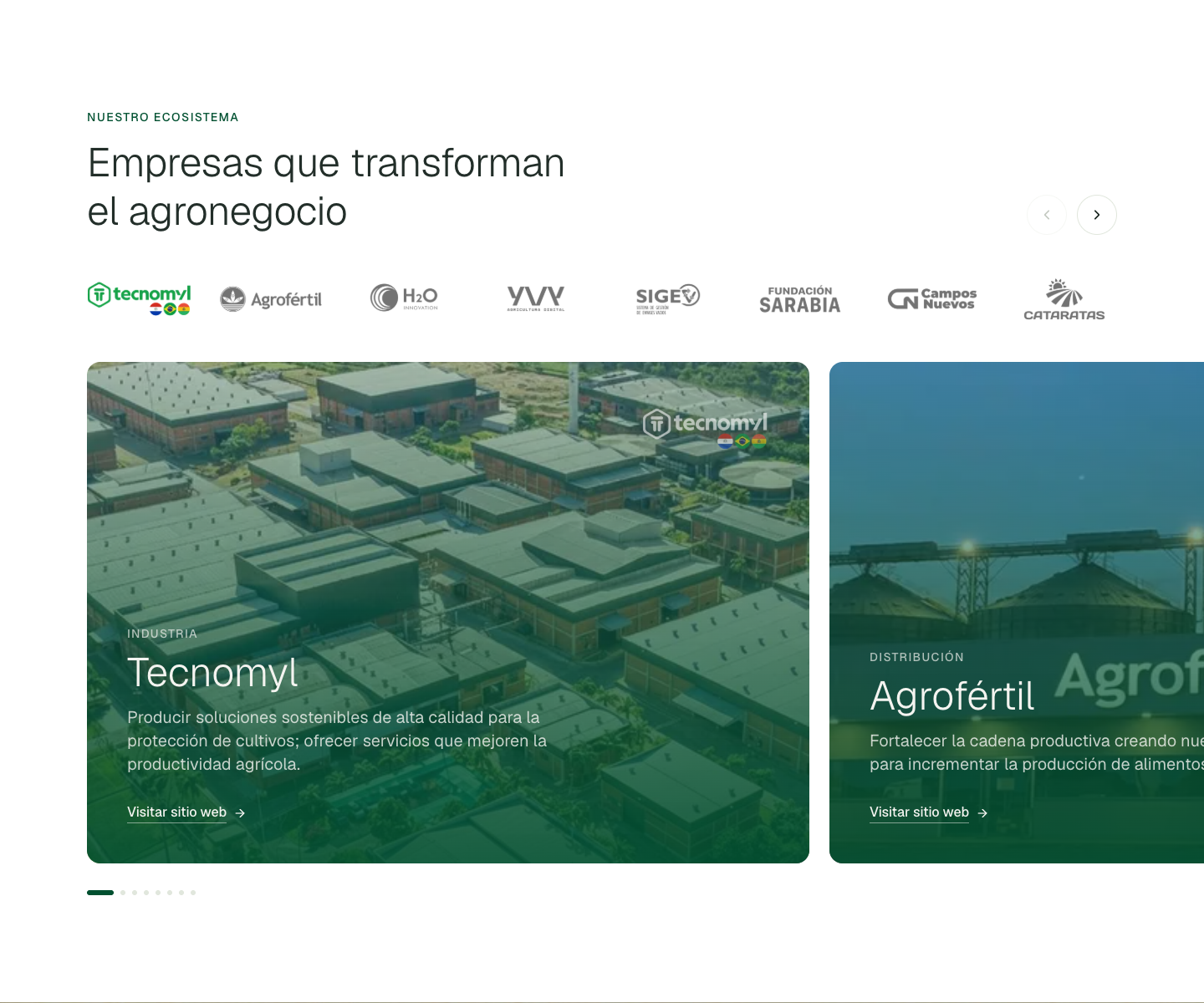 Selector de empresas y tarjetas de Tecnomyl y Agrofértil