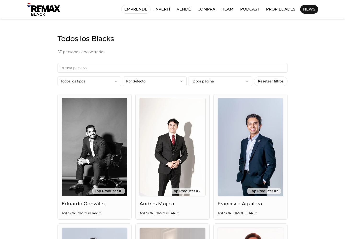 Directorio de RE/MAX Black con búsqueda, filtros y reconocimientos del equipo