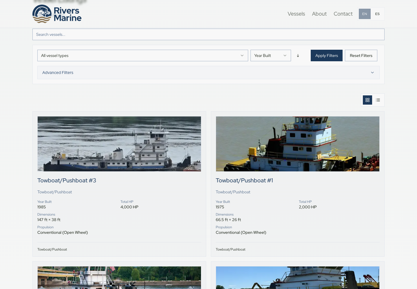 Inventario en inglés con filtros y especificaciones visibles antes de abrir cada embarcación